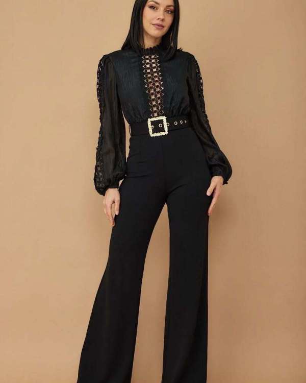 Lace patchwork lace up wide leg jumpsuit