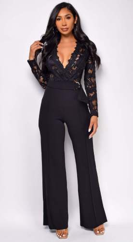 Line lace patchwork long sleeved wide leg jumpsuit