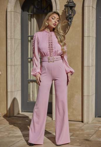 Lace patchwork lace up wide leg jumpsuit