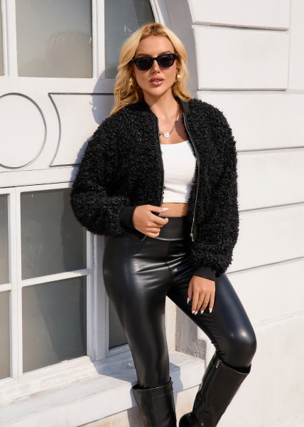 Short Jacket with Loose Fleece Baseball Style Outerwear (Goat Fur Simulation)
