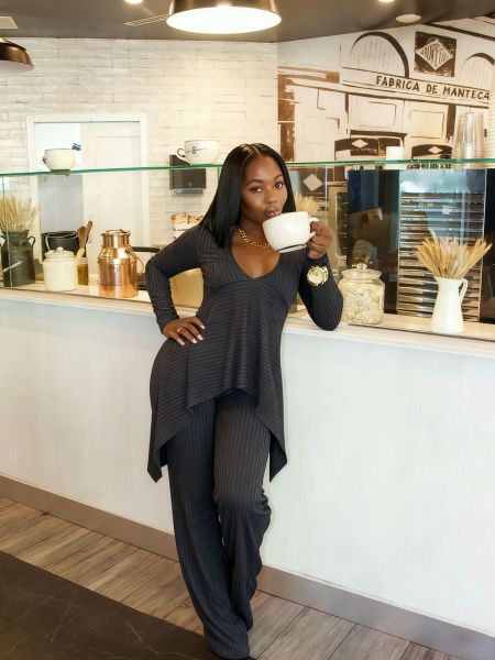 Long sleeved V-neck groove irregular two-piece set