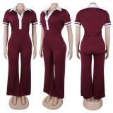 Slim fit elastic contrasting collar slightly flared jumpsuit