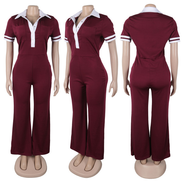 Slim fit elastic contrasting collar slightly flared jumpsuit