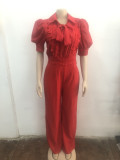 Lace patchwork lace up wide leg jumpsuit