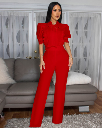 Lace patchwork lace up wide leg jumpsuit