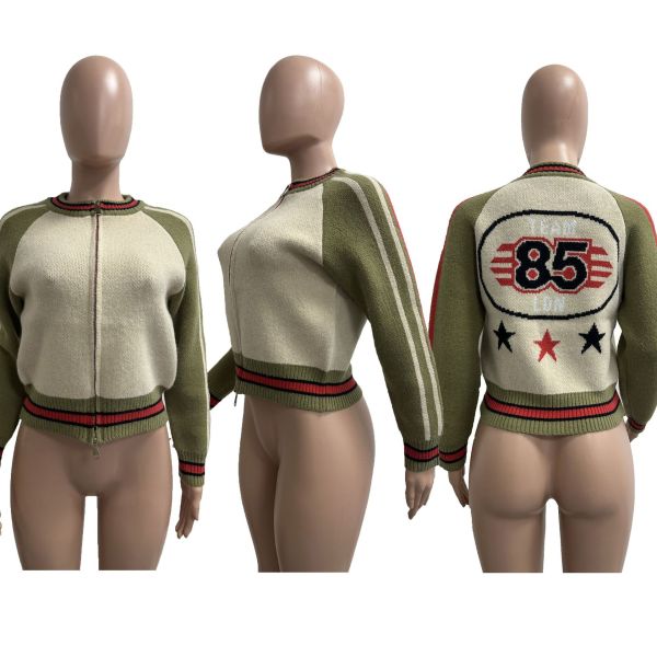 Knitted Hand Hook Splicing Threaded Zipper Jacket Coat