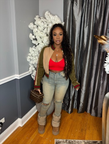 Knitted Hand Hook Splicing Threaded Zipper Jacket Coat