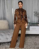Leopard print patchwork lace up wide leg jumpsuit