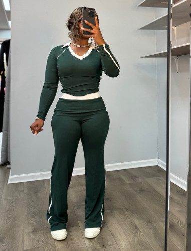 Color blocking patchwork lapel high waist set