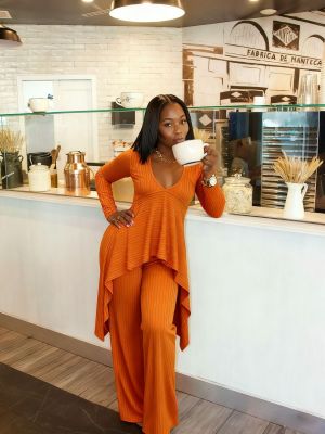 Long sleeved V-neck groove irregular two-piece set