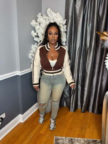 Knitted Hand Hook Splicing Threaded Zipper Jacket Coat