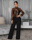 Leopard print patchwork lace up wide leg jumpsuit