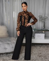 Leopard print patchwork lace up wide leg jumpsuit