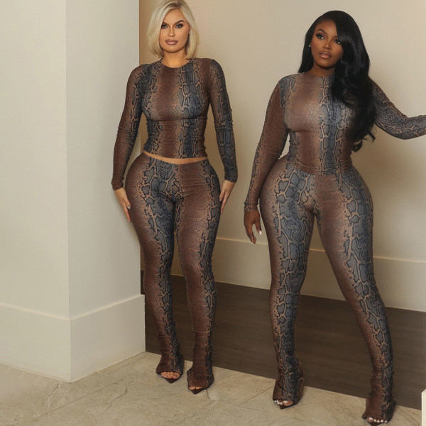 Waist-cinching long-sleeved top with printed pants set