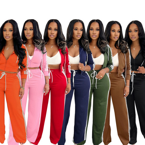 Striped hooded cardigan jacket straight leg pants two-piece set