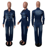 Slim fit elastic bell mouth wash long sleeved denim jumpsuit