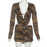 Leopard print V-neck long sleeved top, low waist short skirt set
