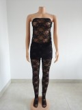 Hollow lace perspective chest wrapped dress and pants two-piece set