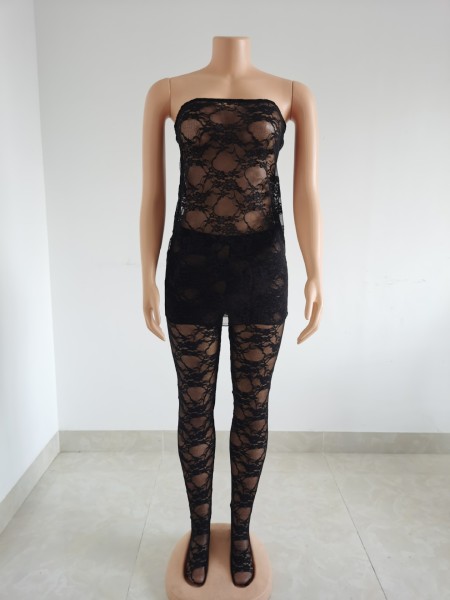 Hollow lace perspective chest wrapped dress and pants two-piece set