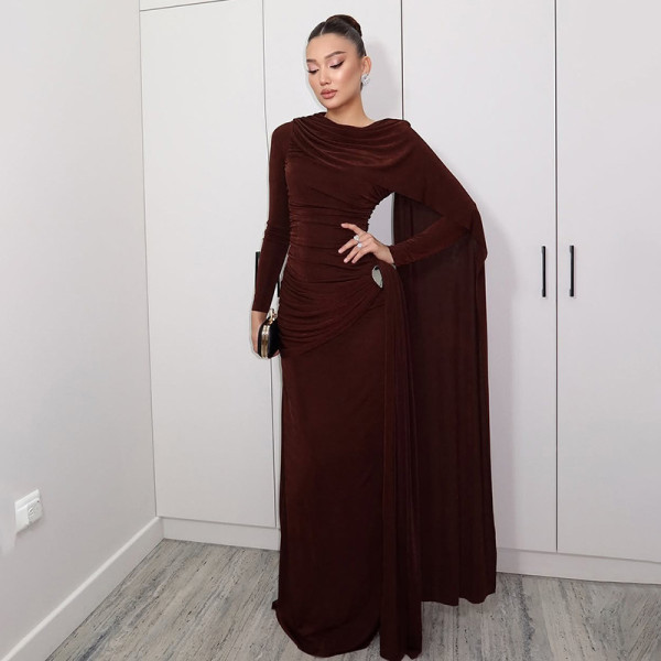 Waist pleated ribbon solid color long skirt