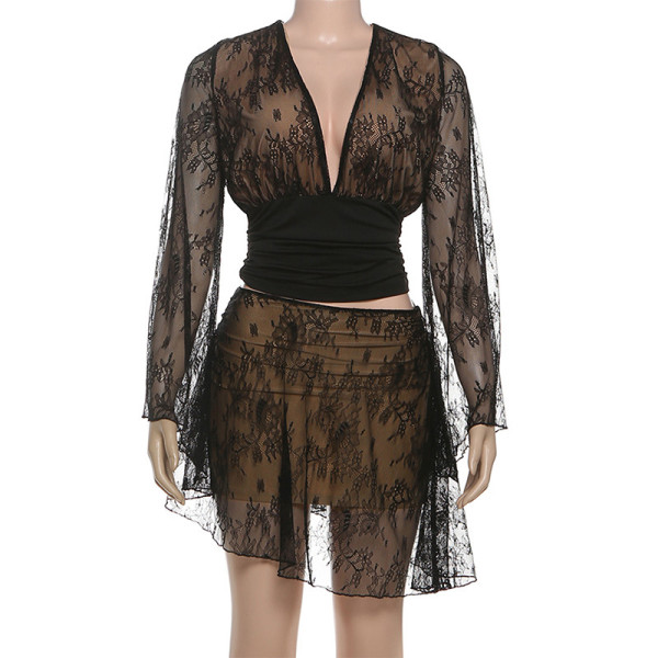 V-neck waist cinched top, hip hugging short skirt, lace patchwork set