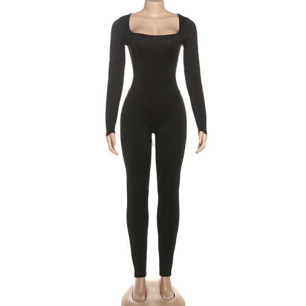 U-neck backless strap long sleeved solid color hip lifting jumpsuit