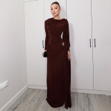 Waist pleated ribbon solid color long skirt