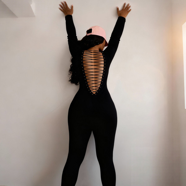 U-neck backless strap long sleeved solid color hip lifting jumpsuit