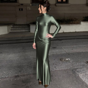 Half waist high neck pleated solid color temperament long skirt dress