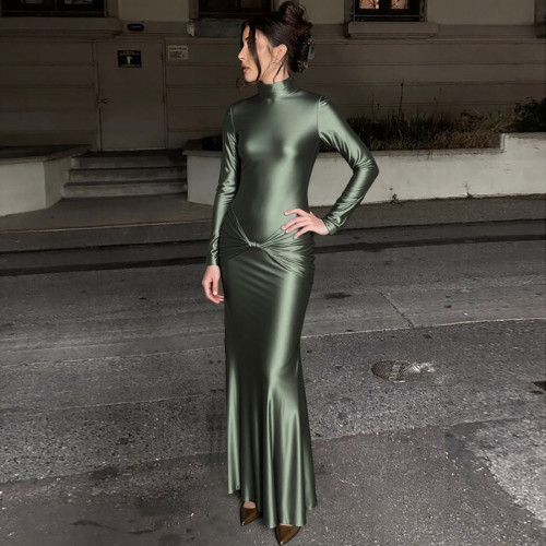 Half waist high neck pleated solid color temperament long skirt dress