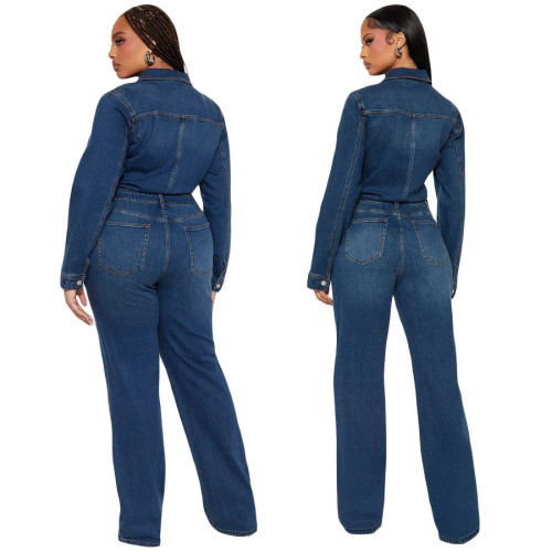 Slim fit elastic bell mouth wash long sleeved denim jumpsuit