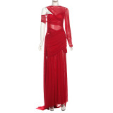 Perspective off shoulder irregular ribbon solid color dress
