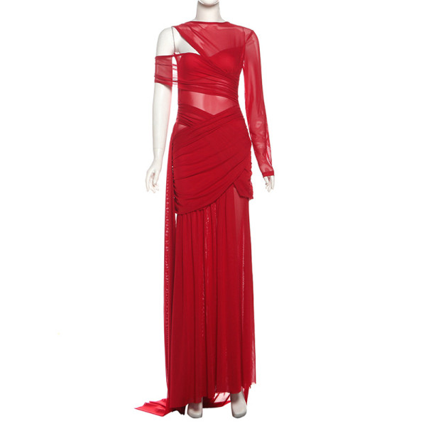 Perspective off shoulder irregular ribbon solid color dress