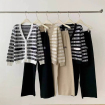 Two piece set of letter jacquard V-neck knitted cardigan and loose leg pants