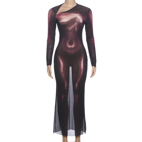 Slanted collar, hip hugging, long sleeved printed dress