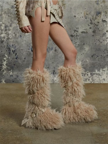 High end tied hairy boots with velvet rivets, fur snow boots