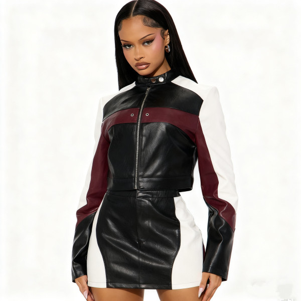 Leather splicing motorcycle short skirt jacket two-piece set
