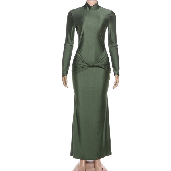 Half waist high neck pleated solid color temperament long skirt dress