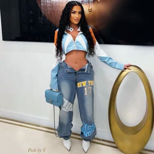 Motorcycle PU leather printed fashionable single piece jacket