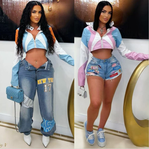 Motorcycle PU leather printed fashionable single piece jacket