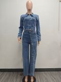 High elasticity continuous button washed denim two-piece set