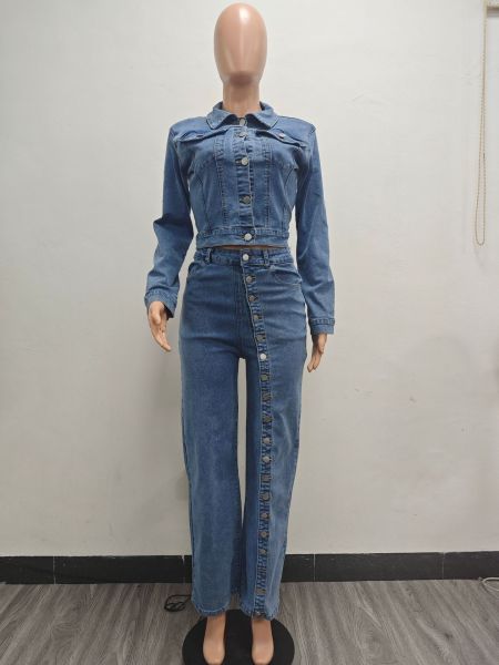 High elasticity continuous button washed denim two-piece set