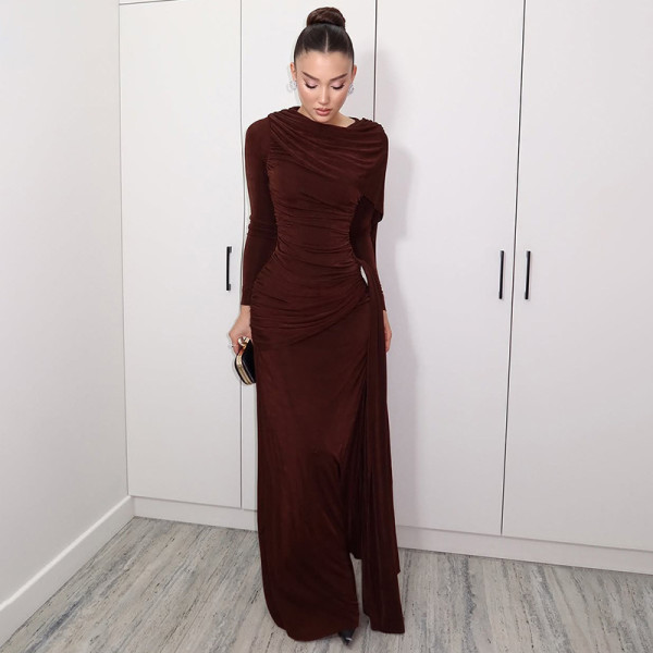 Waist pleated ribbon solid color long skirt