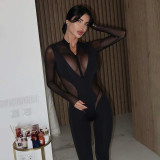 Perspective mesh zipper solid color long sleeved tight jumpsuit