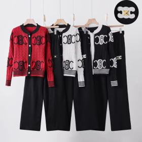 Jacquard long sleeved knitted sweater wide leg pants two-piece set