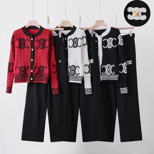 Jacquard long sleeved knitted sweater wide leg pants two-piece set