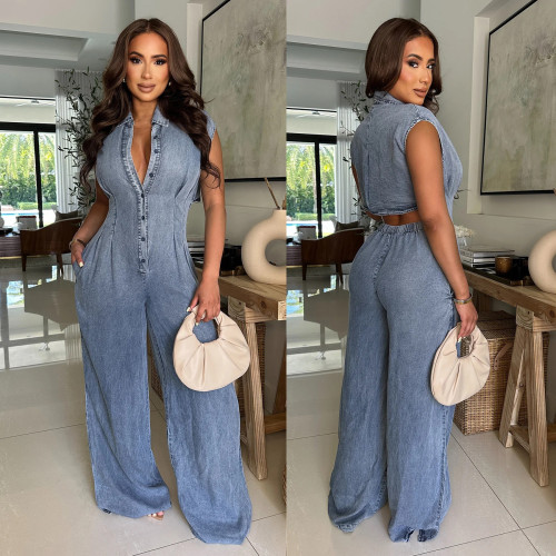 Tight waist slim fit elastic wash denim jumpsuit straight tube loose jumpsuit