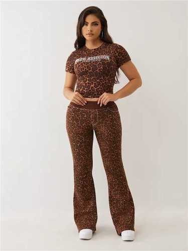 Leopard print short sleeved top and flared pants two-piece set