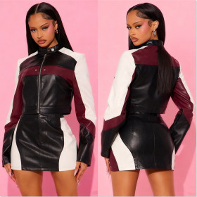 Leather splicing motorcycle short skirt jacket two-piece set