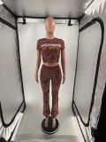 Leopard print short sleeved top and flared pants two-piece set